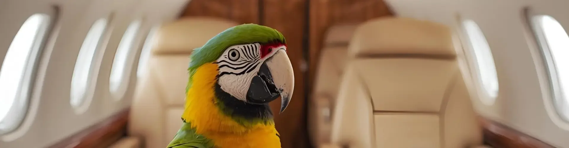 Colorful macaw parrot perched inside luxury private jet cabin with cream leather seats and windows