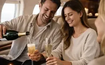 Couple celebrating with champagne luxury private jet for a birthday party card item
