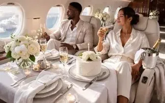 Elegant couple celebrating with champagne luxurious private jet cabin white flowers fine dining card item