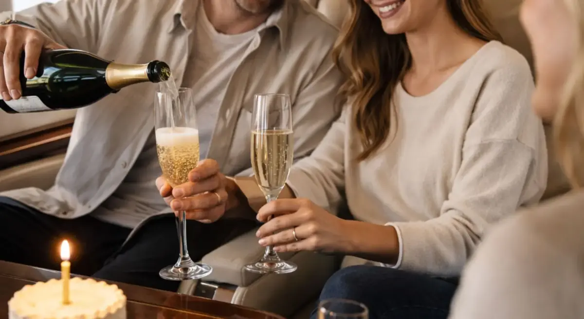 Couple celebrating with champagne toast aboard luxury private jet during intimate birthday celebration