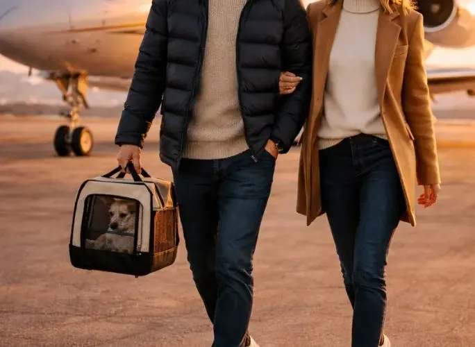 Couple walking arm-in-arm carrying pet carrier toward private jet during golden hour sunset
