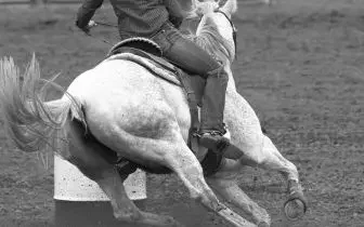 Cowboy competing in rodeo barrel racing event, demonstrating the exciting western sports accessible by charter