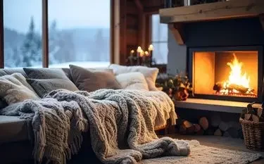 Cozy living room with crackling fireplace and soft blankets creating warm holiday atmosphere for family gatherings
