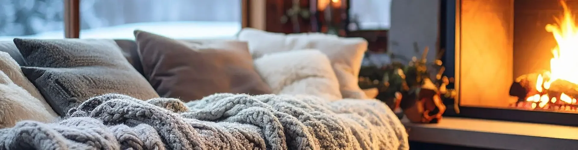Cozy living room with crackling fireplace and soft blankets creating warm holiday atmosphere for family gatherings