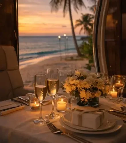 Elegant dinner with table champagne candles tropical beach sunset private jet card item
