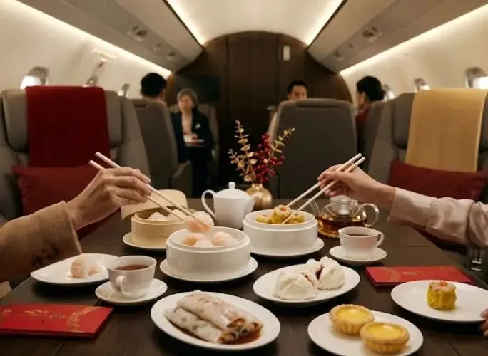 Elegant Chinese New Year feast served aboard luxury private jet with traditional dishes and tea service