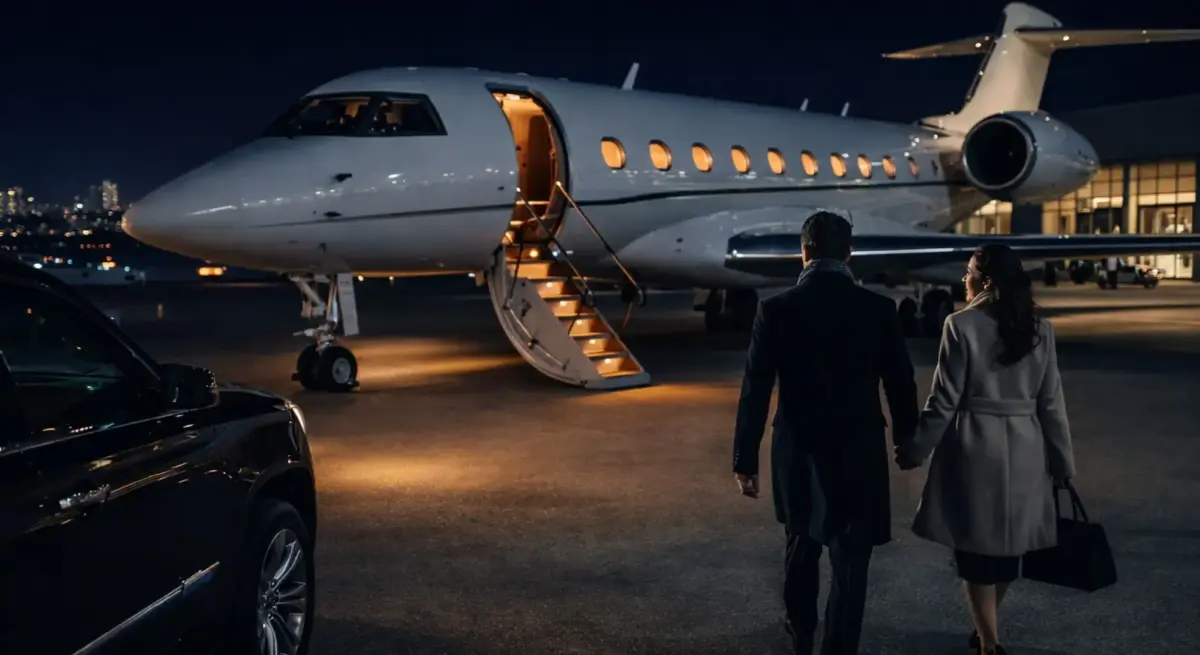 Elegant couple approaching illuminated private jet with open stairs at night airport terminal