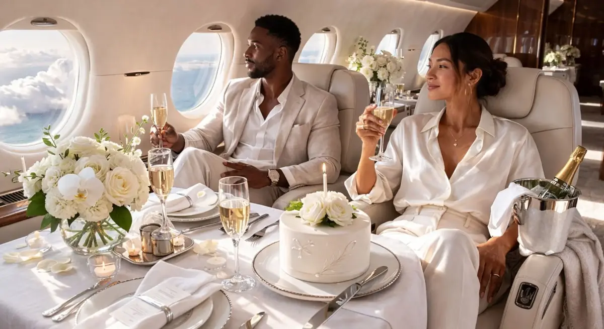 Elegant couple celebrating with champagne and wedding cake in luxurious private jet cabin interior