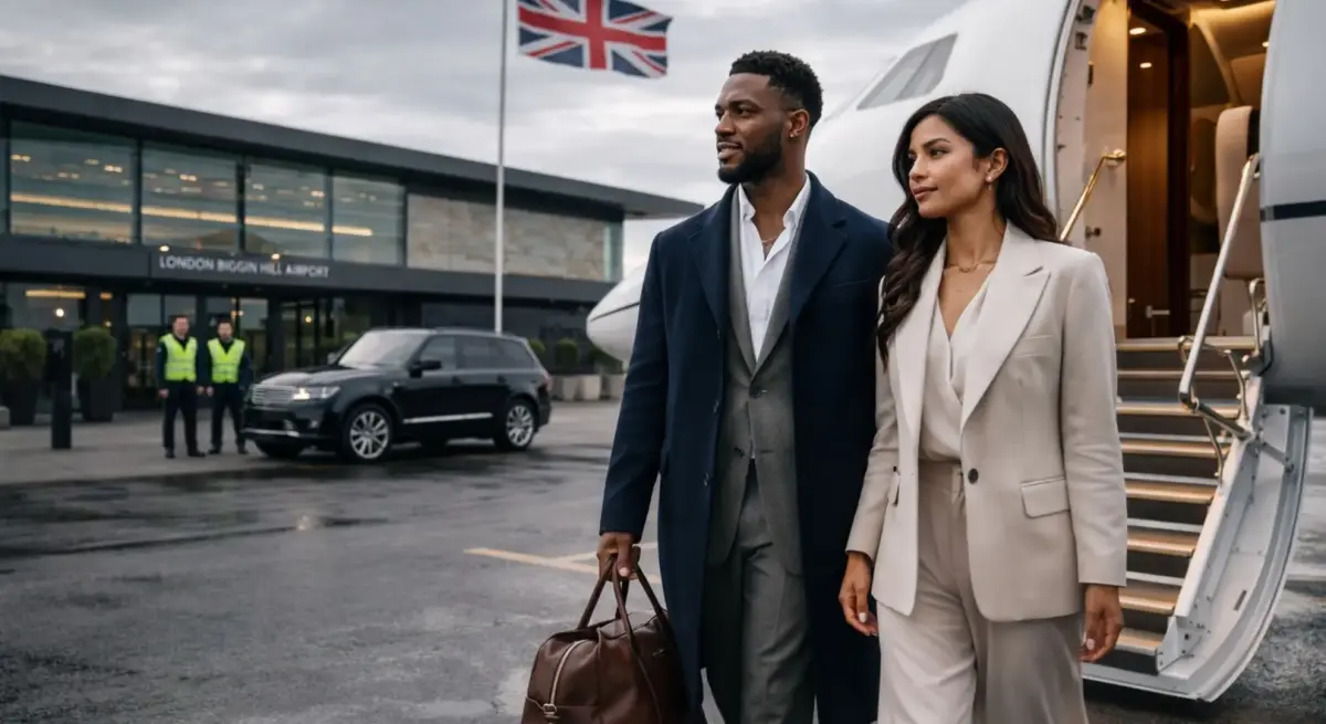 Elegant couple departing private jet at London Biggin Hill Airport with luxury ground transportation waiting
