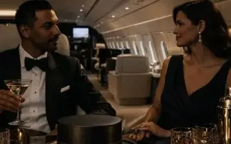 Elegant couple enjoying champagne in luxury private jet cabin discussing exclusive membership benefits