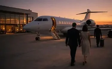 Private Jet Purchase Cost in the UK vs Charter: What’s Smarter? Elegant couple walking toward luxury private jet at sunset with modern terminal building in background