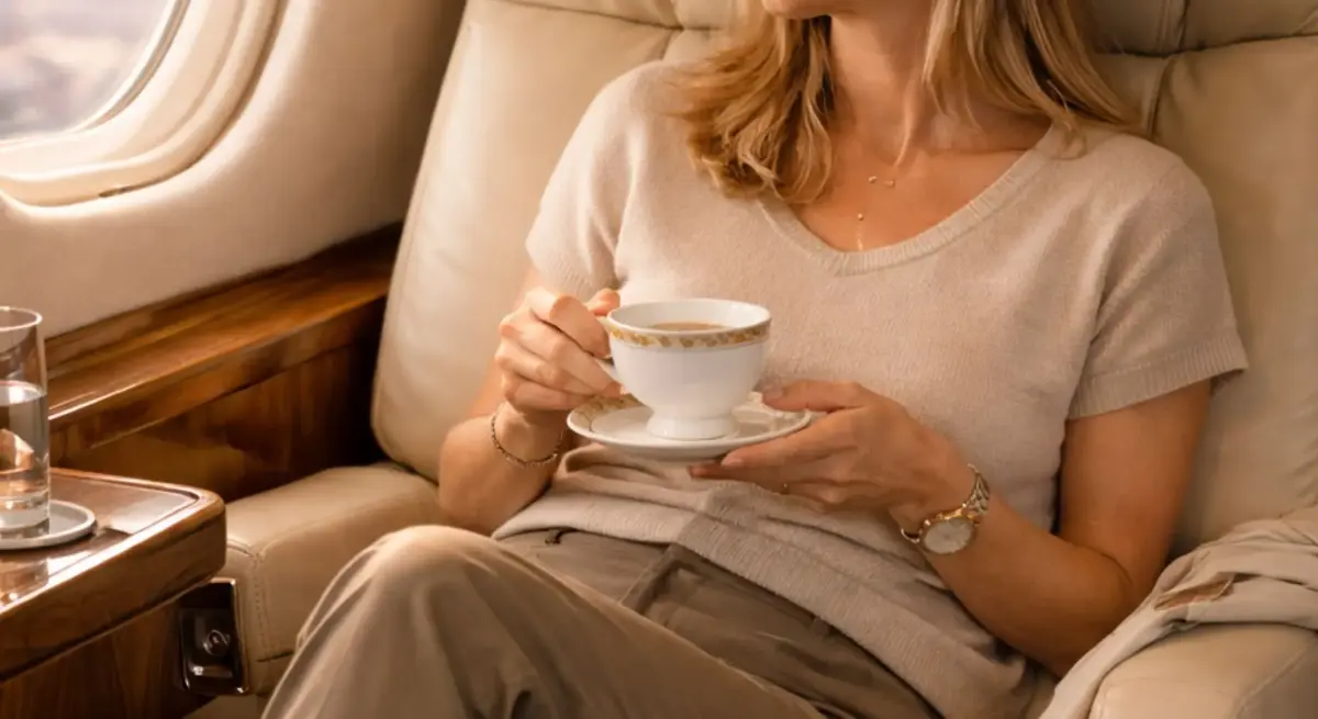 Elegant passenger enjoying fine china tea service in luxurious private jet cabin with leather seating