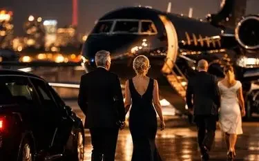 Elegant passengers walking toward luxury private jet on illuminated tarmac during evening departure