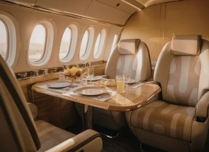 Elegant private jet cabin interior with leather seating, fine dining setup, and champagne service