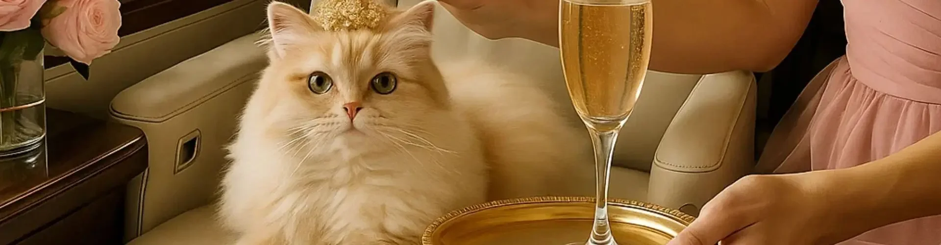 Pet-Friendly Private Jet Travel: Everything You Need to Know Fluffy orange kitten sits comfortably on luxury leather seat while passenger enjoys champagne during flight