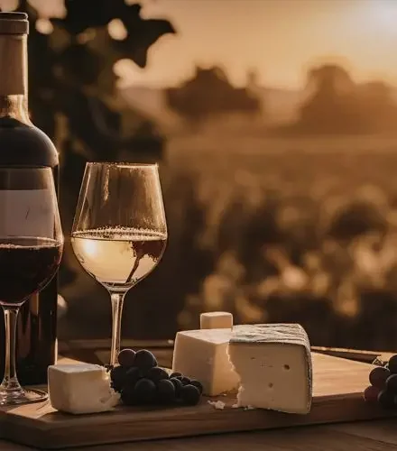 Elegant wine and cheese spread with golden sunset backdrop perfect for luxury birthday celebrations