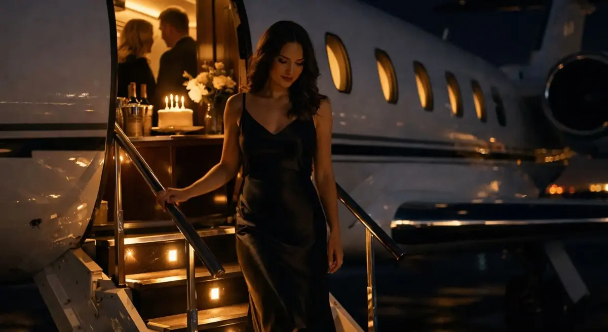 Elegant woman in evening dress descending illuminated private jet stairs during luxurious nighttime charter