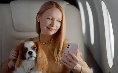 Pet-Friendly Private Jet Travel in the US Elegant woman relaxing with small dog while using smartphone aboard luxury private jet cabin