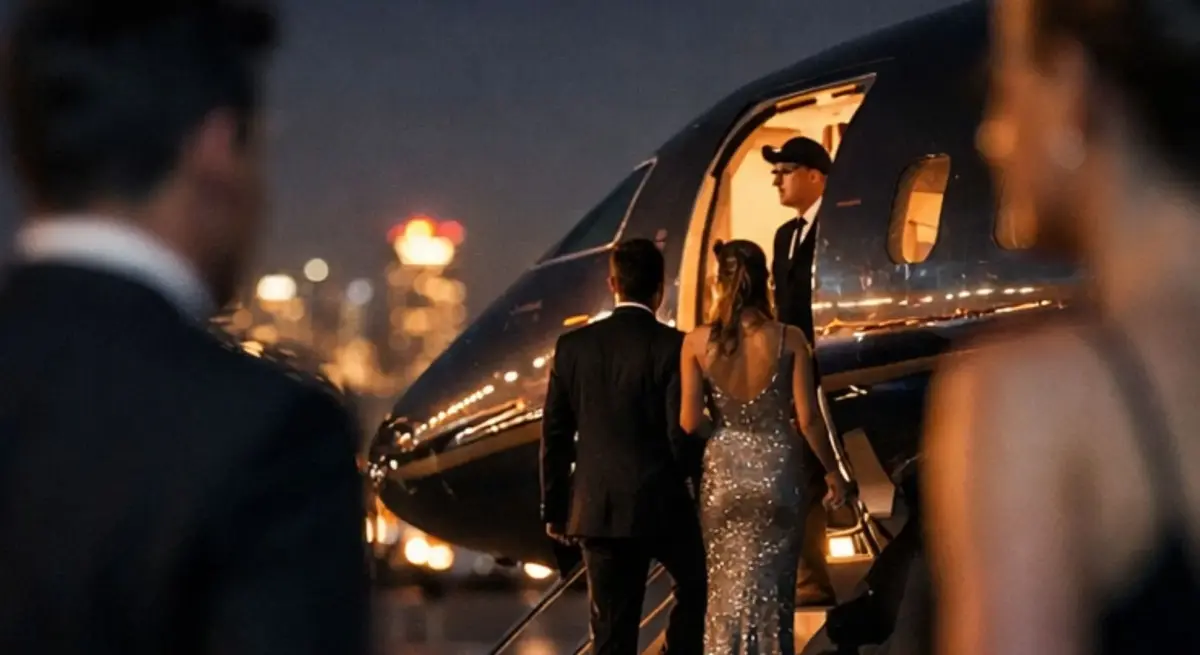 Elegantly dressed couple boarding luxury private jet at night with pilot greeting them at aircraft entrance