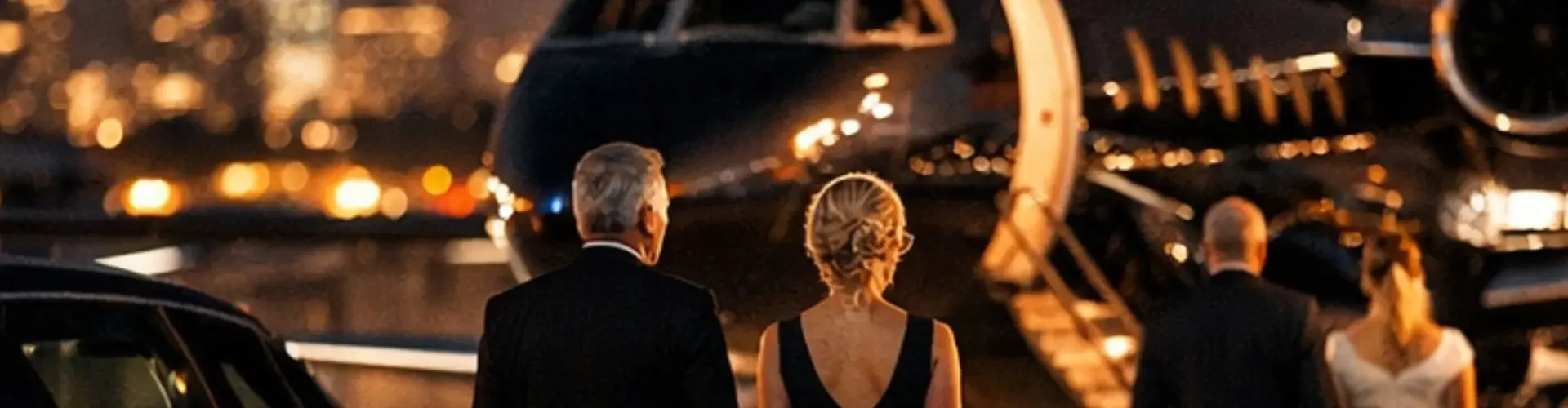 Elegant passengers walking toward luxury private jet on illuminated tarmac during evening departure