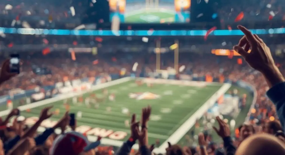 Excited football fans cheering in packed stadium during Super Bowl game, showcasing premium sporting events