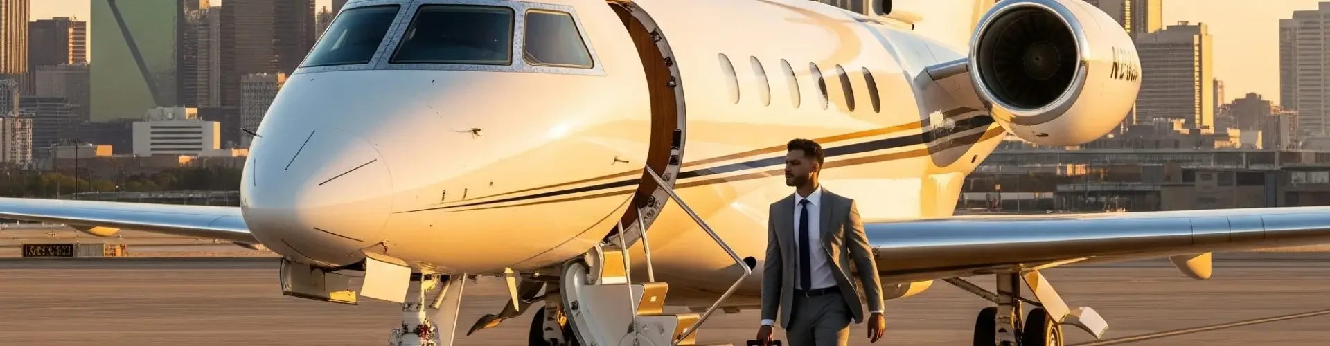 When Private Aviation Becomes a Strategic Financial Choice White private jet parked on tarmac with Dallas skyline backdrop during golden hour sunset lighting