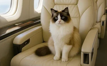 Fluffy cat with brown and white markings sitting comfortably in luxury private jet cabin seat