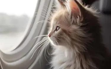 Fluffy cat gazing out private jet window during flight, showcasing pet-friendly luxury air travel