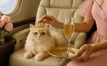 Pet-Friendly Private Jet Travel: Everything You Need to Know Fluffy orange kitten sits comfortably on luxury leather seat while passenger enjoys champagne during flight