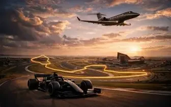 Formula 1 grand prix travel — private jet boarding stairs with crew at the entrance