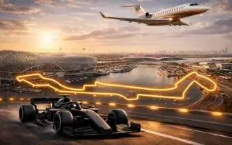 Formula 1 grand prix travel — private private jet ascending over city skyline at dusk