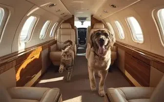 Golden retriever sitting comfortably in luxurious private jet cabin with cream leather seats and wood accents
