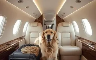 Golden retriever sitting comfortably in luxury private jet cabin with cream leather seats and elegant interior