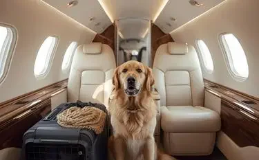 Golden retriever sitting comfortably in luxury private jet cabin during international pet relocation flight