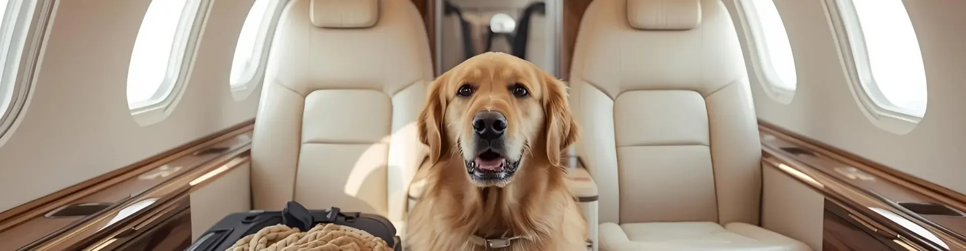 Golden retriever sitting comfortably in luxury private jet cabin during international pet relocation flight