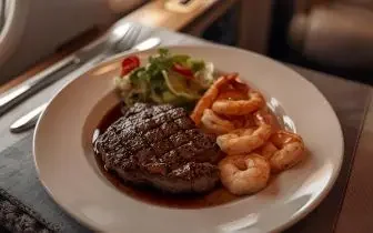 Gourmet steak dinner with shrimp and vegetables served aboard luxury private jet flying to Canada