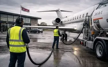 How Much is Jet Fuel for a Private Flight in the UK? Ground crew refueling luxury private jet at UK airport with fuel truck and safety equipment