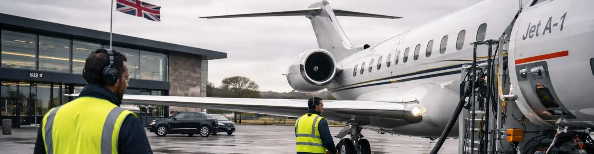 How Much is Jet Fuel for a Private Flight in the UK? Ground crew refueling luxury private jet at UK airport with fuel truck and safety equipment