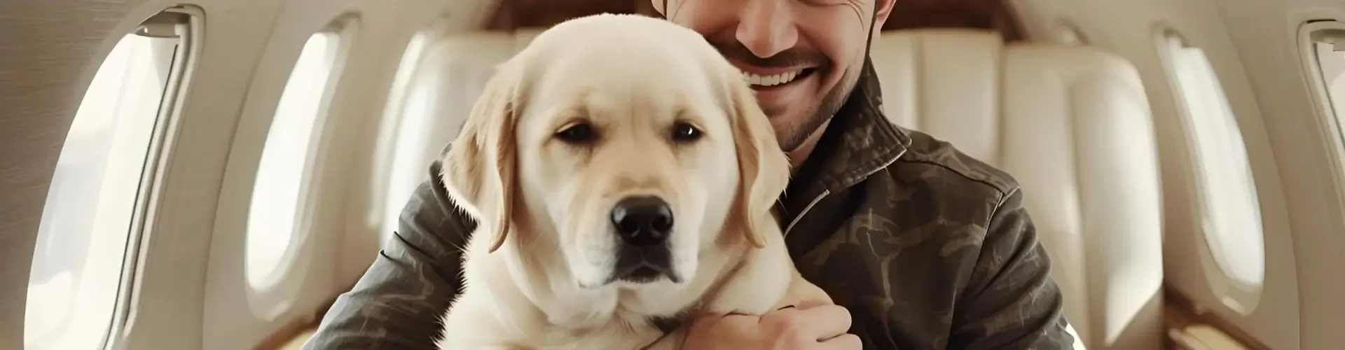 Emotional Support Animals & Documentation in the UK Happy passenger holding golden retriever puppy aboard luxury private jet cabin with leather seating