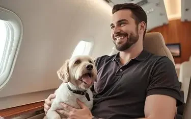 Documentation & Emotional Support Animal Flights in Canada Happy passenger with emotional support dog enjoying comfortable seating aboard luxury private jet cabin