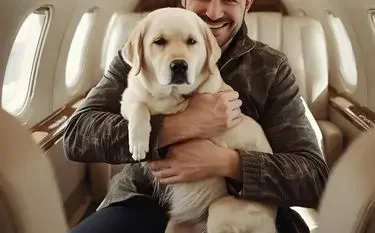 Emotional Support Animals & Documentation in the UK Happy passenger holding golden retriever puppy aboard luxury private jet cabin with leather seating