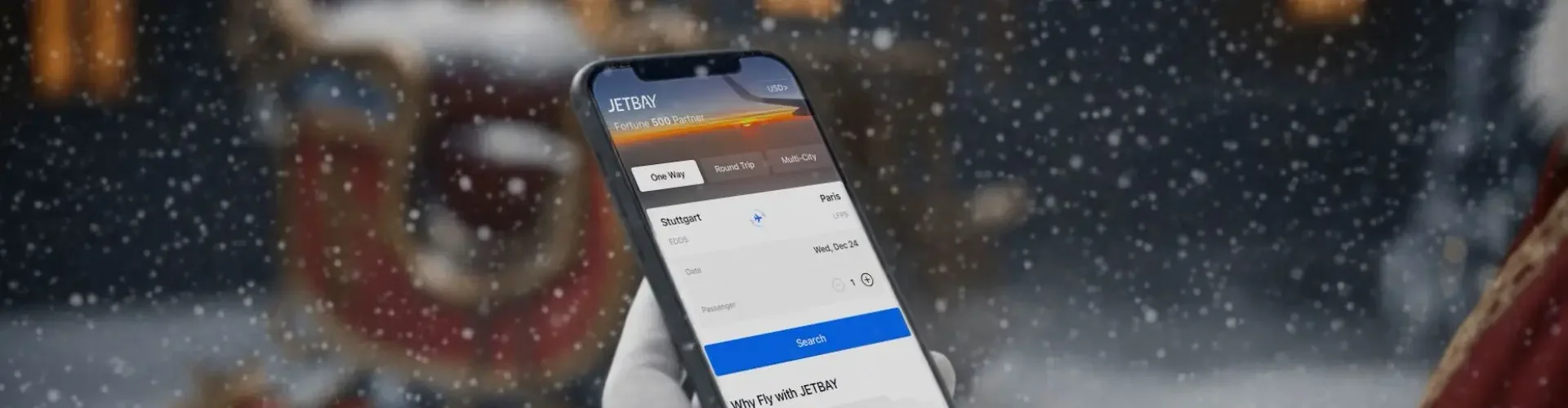 The Gift of Time: Why Flying Private Is the Ultimate Christmas Luxury Hand holding smartphone displaying private jet booking app during snowy Christmas evening outdoors