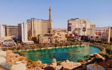 Las Vegas Strip skyline with iconic hotels and Bellagio fountains for luxury private jet travel