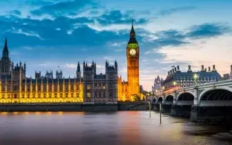 London skyline featuring Big Ben and Parliament buildings illuminated at dusk over Thames River