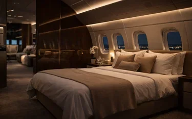What to Expect Inside a Private Jet Cabin in the US Luxurious private jet bedroom with plush bedding, ambient lighting, and aircraft windows for premium travel