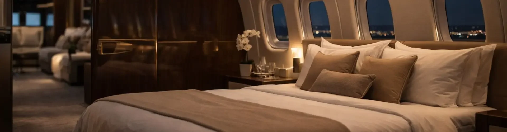 What to Expect Inside a Private Jet Cabin in the US Luxurious private jet bedroom with plush bedding, ambient lighting, and aircraft windows for premium travel