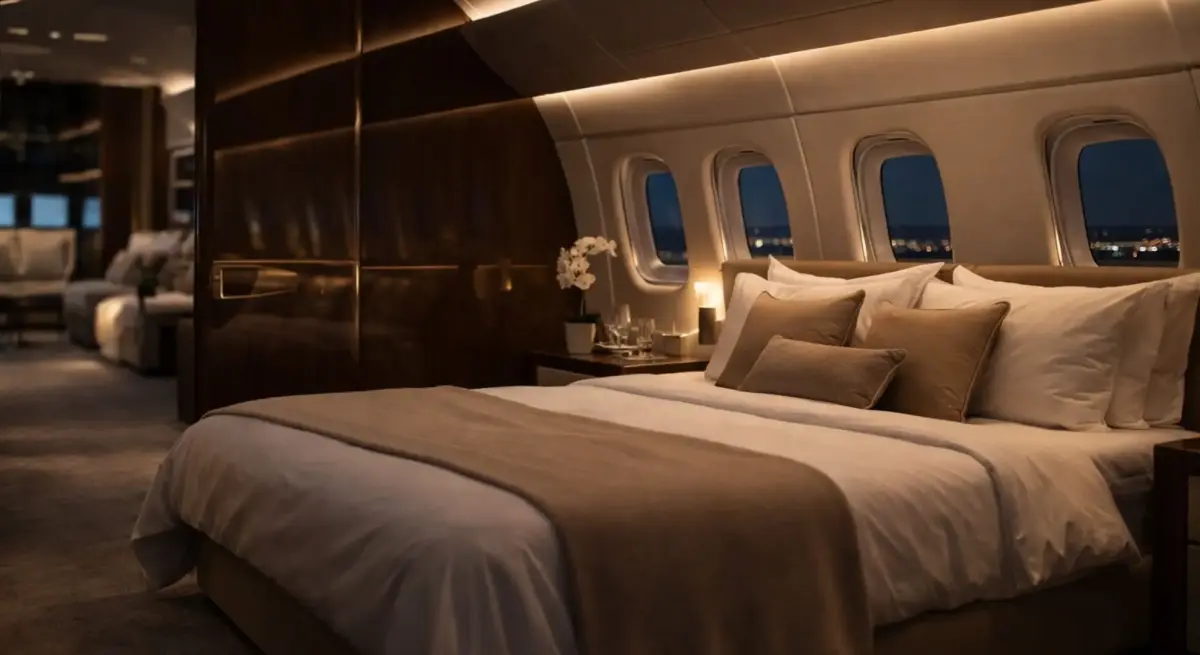 Luxurious private jet bedroom with plush bedding and panoramic windows showing city lights below