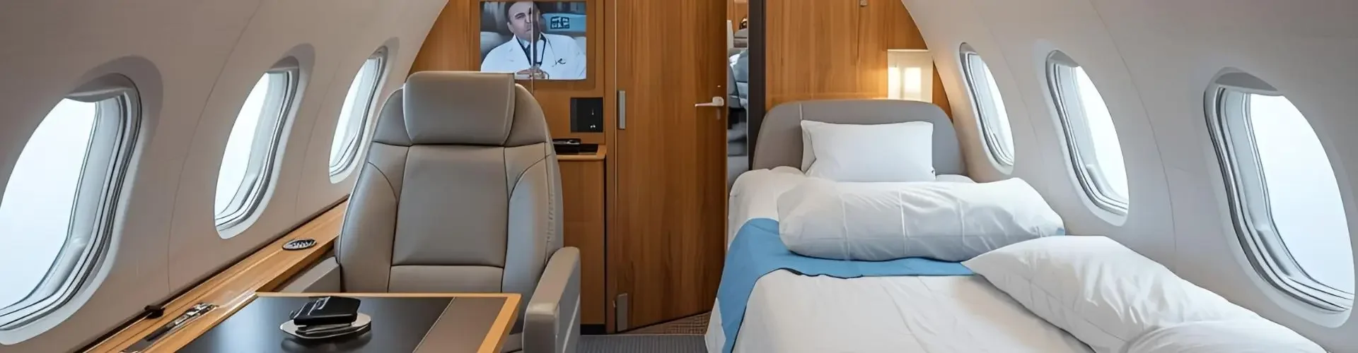 UK Air Ambulance & Medevac Charter Services Medical transport aircraft interior with hospital bed, monitoring equipment, and emergency care setup