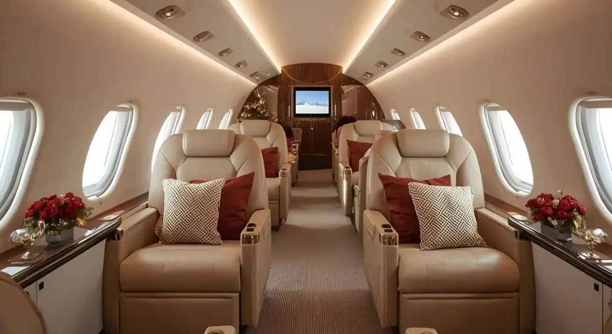 Luxurious private jet cabin decorated for Christmas with cream leather seats, red pillows, and holiday flowers