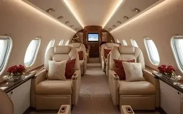 Luxurious private jet cabin interior with cream leather seats and elegant lighting for stress-free travel